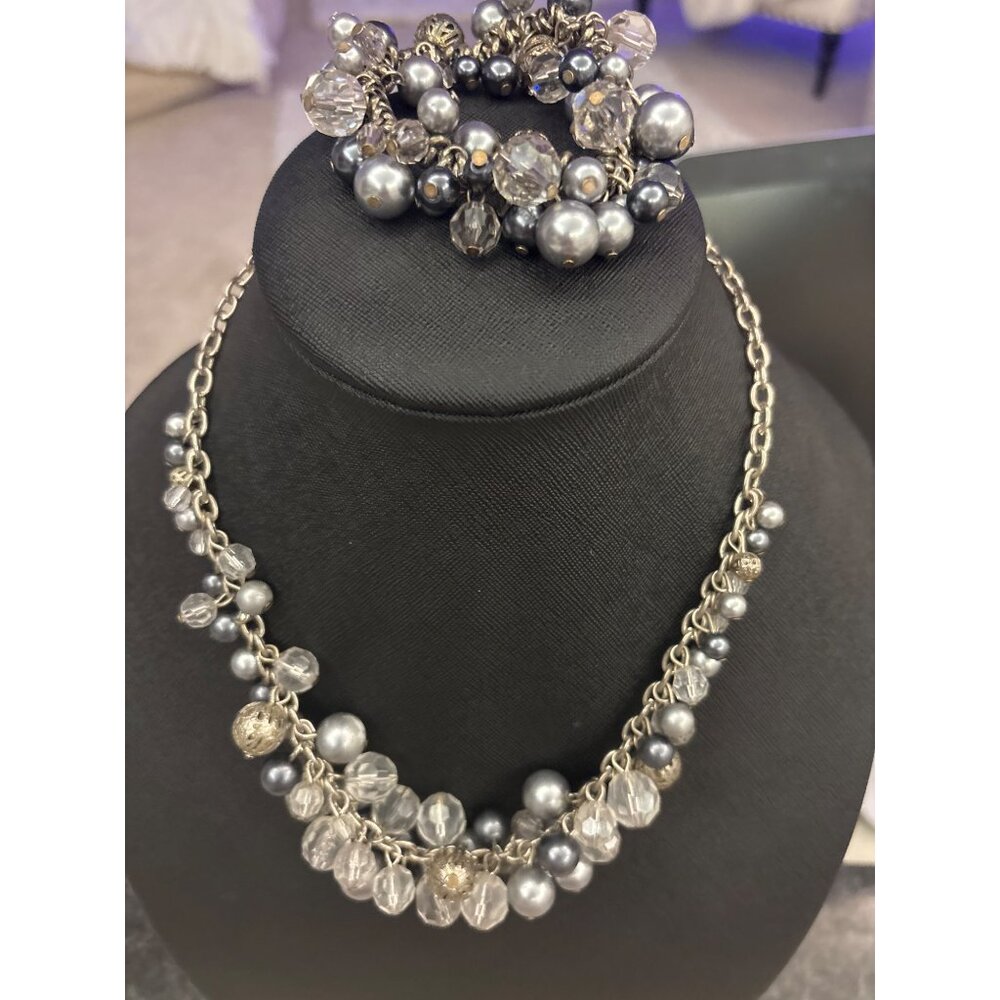 Premier Designs Silver Chain Necklace & Bracelet Set With Clear & Gray Beads